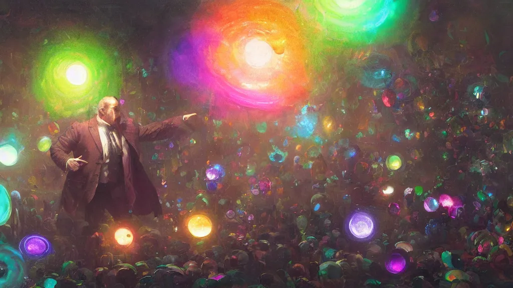 Image similar to swarm of colorful glowing iridescent discs surrounding an english man, by greg rutkowski