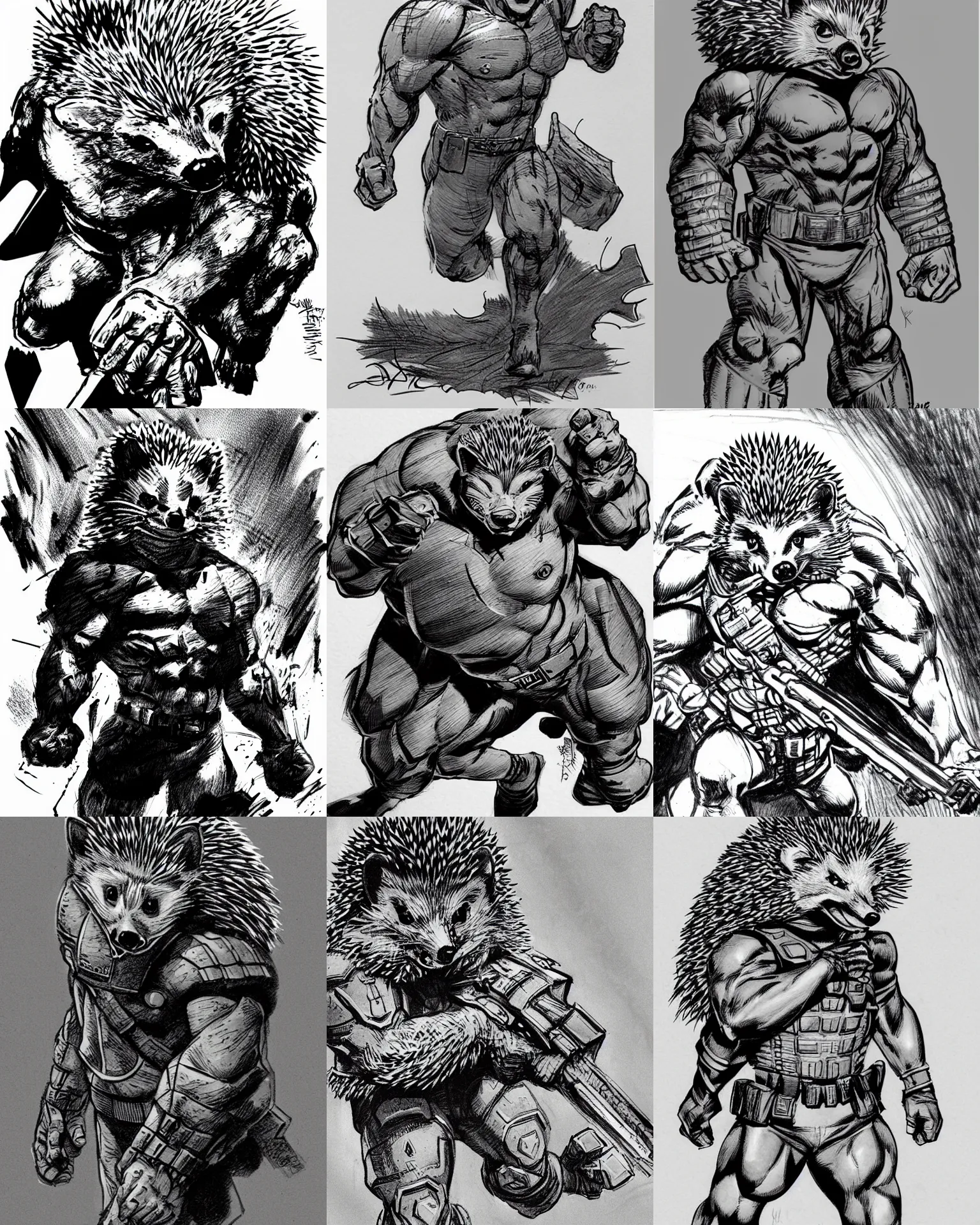 Prompt: hedgehog!!! jim lee!!! medium shot!! flat grayscale ink sketch by jim lee close up in the style of jim lee, winning pose swat soldier armor hulk hedgehog animal by jim lee