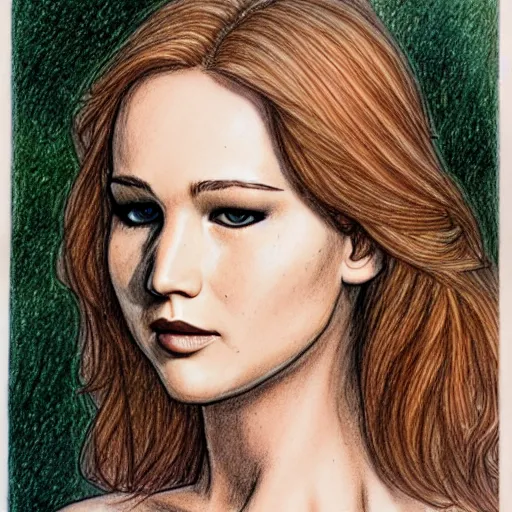 Image similar to Milo Manara drawing, woman with Jennifer Lawrence's face, detailed, 4k