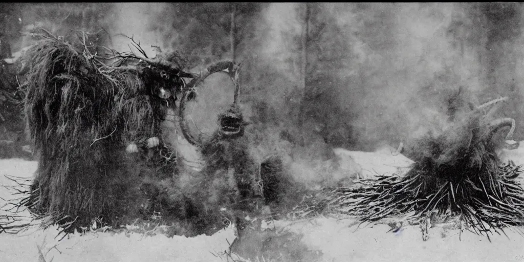 Image similar to 1 9 2 0 s photography of krampus hay monster burning on a pyre, submerged in snow