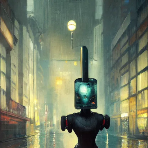 Image similar to detailed portrait of an elegant graceful yet lonely robot, electronic billboards, tech noir, wet reflections, atmospheric, ambient, livia prima, greg rutkowski, edward hopper, pj crook