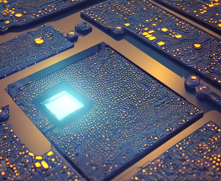 Prompt: armor of circuit board processor block, 3 d ray - traced photorealistic concept render, moody beautiful colors, futuristic, squares, crystal nodes, sleek console, shiny, high angle shot with sharp realistic intricate detail, iridescent glowing chips, black 3 d cuboid device, modular graphene, futuristic colorful precious metals, treasure artifact, bismuth, advanced titanium