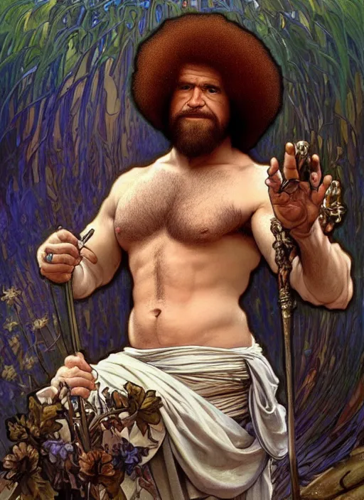 Image similar to Bob Ross as God of Beauty, brutal, fantasy, intricate, elegant, highly detailed, digital painting, 4k, HDR, concept art, smooth, sharp focus, illustration, art by alphonse mucha,artgerm, H R Giger