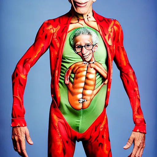 Prompt: uhd photorealisitc candid photo of anthony fauci wearing hyperdetailed slim goodbody costume. correct coostume. correct face, accurate face. photo by annie leibowitz and steve mccurry