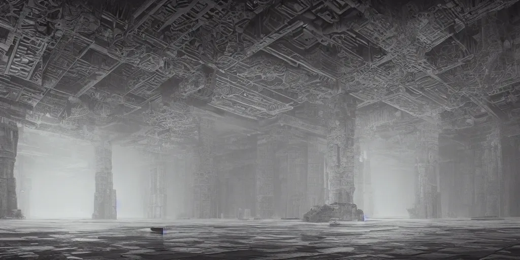 Prompt: the depths of a matrioshka world, large pillars holding up an artificial ceiling, photorealistic imax quality, artstation front page, high brutalist architecture, misty environment, ominous white diffuse orbs of light, escher and lovecraft influences