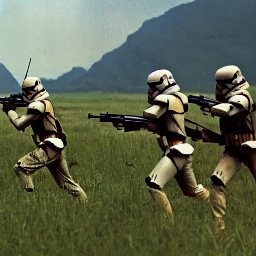 Prompt: star wars clone troopers combat soldiers in vietnam, photo, old picture, lush landscape, field, firearms, explosions, xwings, aerial combat, active battle zone, flamethrower, air support, jedi, land mines, gunfire, violent, star destroyers, star wars lasers, sci - fi, jetpacks, agent orange, bomber planes, smoke, trench warfare