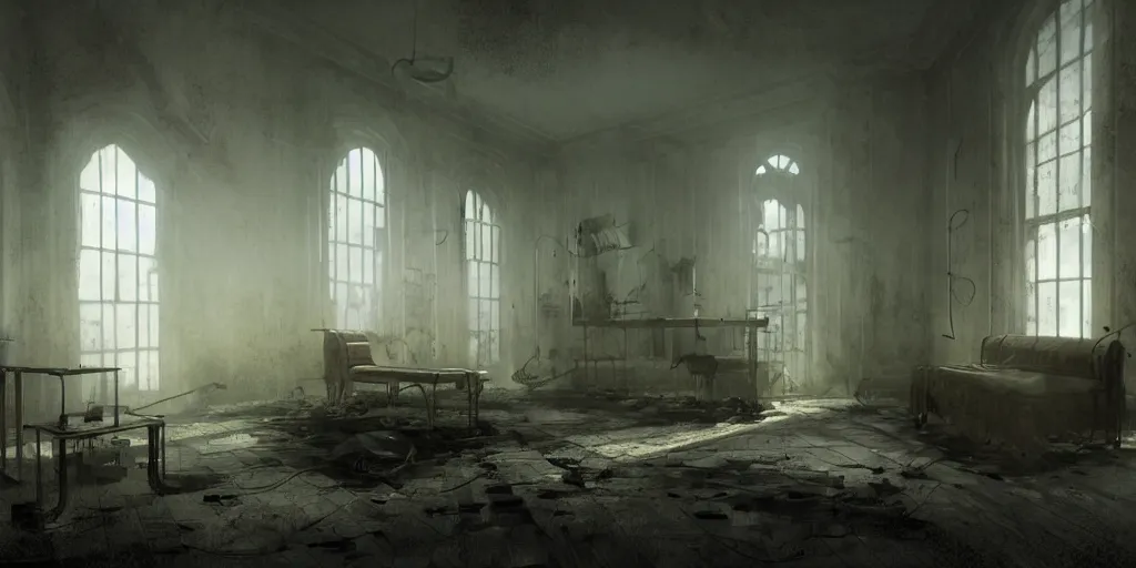 Prompt: inside an eerie asylum, beds, electro shock equipment, sad, loneliness, god rays, digital art, landscape, fantasy art, octane render, unreal engine, high detail, very realistic, by greg rutkowski. by james gurney