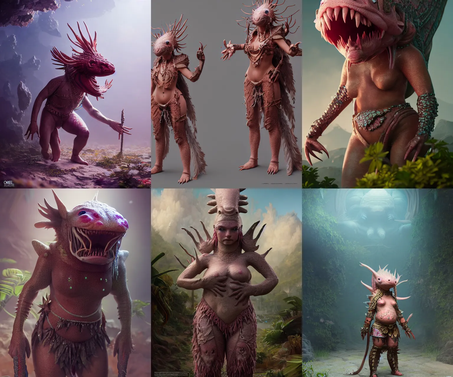 Prompt: incredibly realistic, too detailed fullbody of axolotl costume aztec cleric, octane render, bump mapping, macro image, global illumination, 8 k, bokeh, enki bilal, yuji himukai, jen zee, mohrbacher