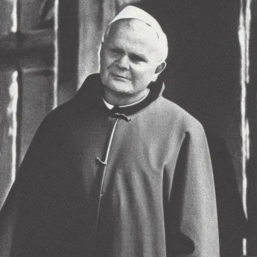 Prompt: john paul ii standing in a burning protestant church, night, pitch black