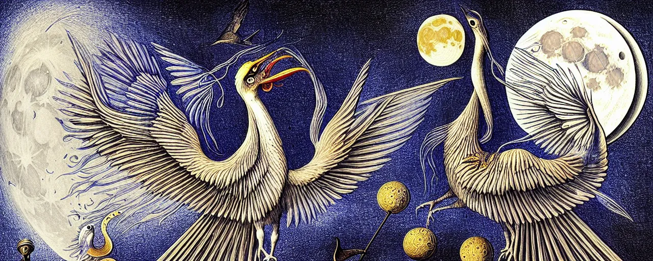 Image similar to a simorgh sings a unique canto'as above so below'to the moon, while being ignited by the spirit of haeckel and robert fludd, breakthrough is iminent, glory be to the magic within, in honor of saturn, painted by ronny khalil