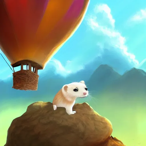 Image similar to a ferret standing on top of a rock in front of a hot air balloon, a digital painting by andrei kolkoutine, deviantart contest winner, fantasy art, storybook illustration, 2 d game art, digital illustration