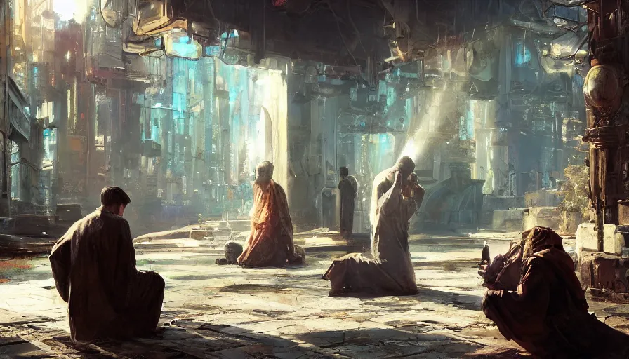 Image similar to craig mullins a man in robes kneels and prays, the sun's holy light shines down upon him, colorful, solarpunk, cyberpunk, unreal engine, hyper realism, realistic shading, cinematic composition, realistic render, octane render, detailed textures, photorealistic, wide shot