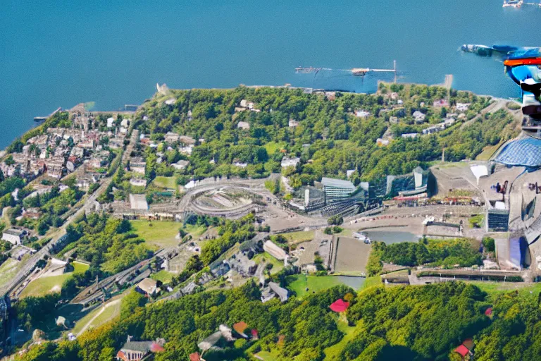 Image similar to bird's eye view photography of a small city. town hall, central farm, monorail station, beach and shipping dock. hills, woods and pond to the north.