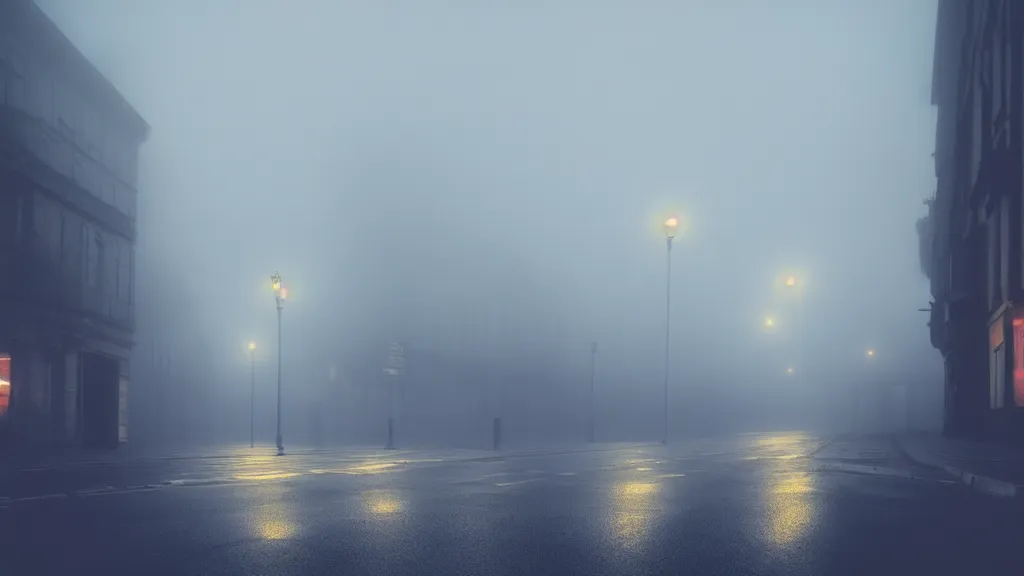 Prompt: photograph of a foggy city at night by henri prestes, 4 k resolution