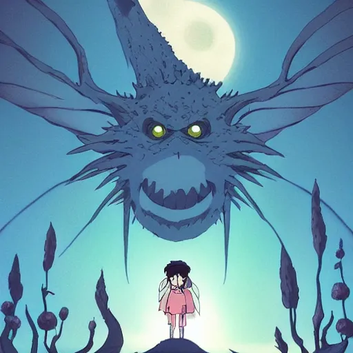 Image similar to monster made by studio ghibli ( in the night ), 8 k, smooth, fairy, high detail, high quality, beautiful scene