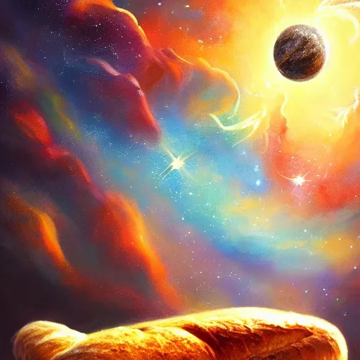 Prompt: loaf of bread in space, stylish painting, dramatic, bread, milky way galaxy, artstation award, concept art