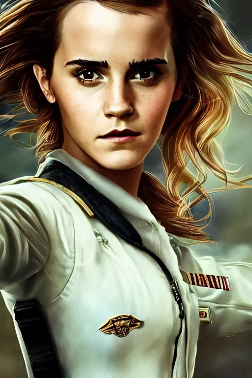 Image similar to a selfie of Emma Watson in the movie: Top Gun: Maverick, fantasy, intricate, young and cute girl, highly detailed, digital painting, artstation, concept art, smooth, sharp focus, illustration