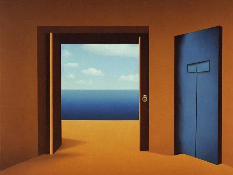 Prompt: a door to nothingness, painting by rene magritte, high detail, high resolution