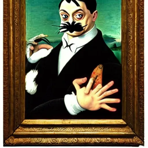 Prompt: a renaissance painting of gomez addams as pepe le pew, portrait by michelangelo,