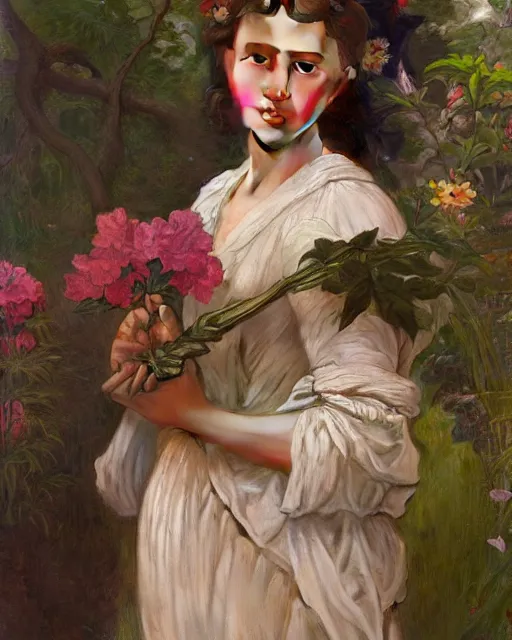 Image similar to a portrait painting of a shy, blushing 1 6 - year old alicia vikander or millie bobby brown as a princess in her garden, hair fanned around, intricate, elegant, highly detailed, artstation, concept art, by krenz cushart and donato giancola and william adolph bouguereau and alphonse mucha