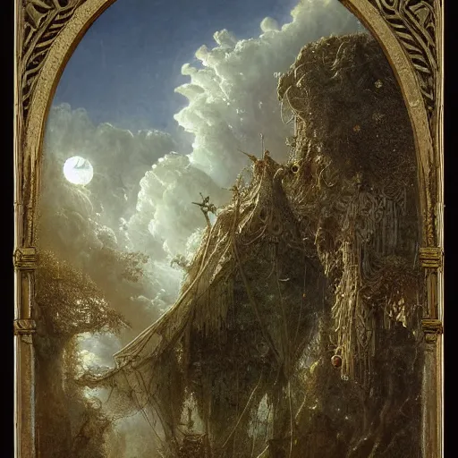 Prompt: Ellen Jewett, beautiful surreal palatial pudding at dawn, gustave dore, ferdinand knab, Hans Andersen Brendekilde