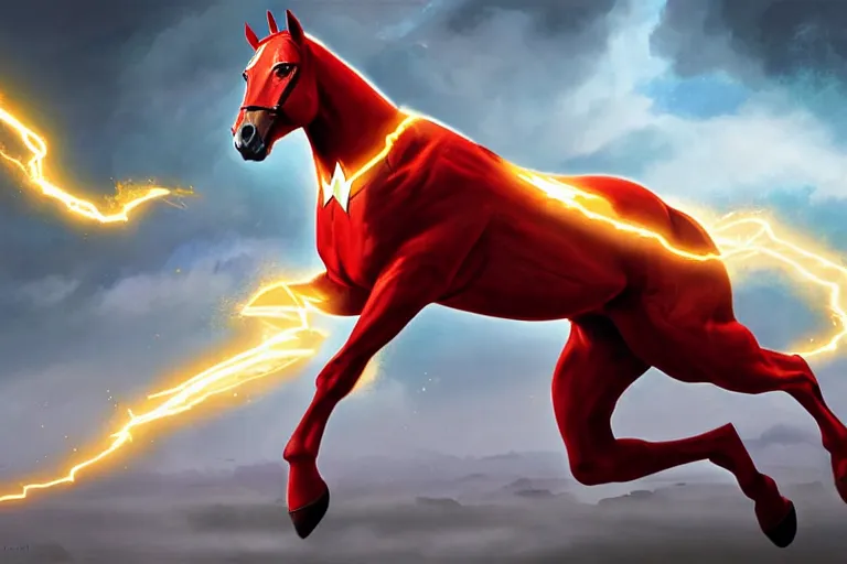 Image similar to a stunning digital painting of a horse as the flash in spandex costume, running in the speedforce by greg rutkowski, volumetric light, digital art, fine detail, photorealistic