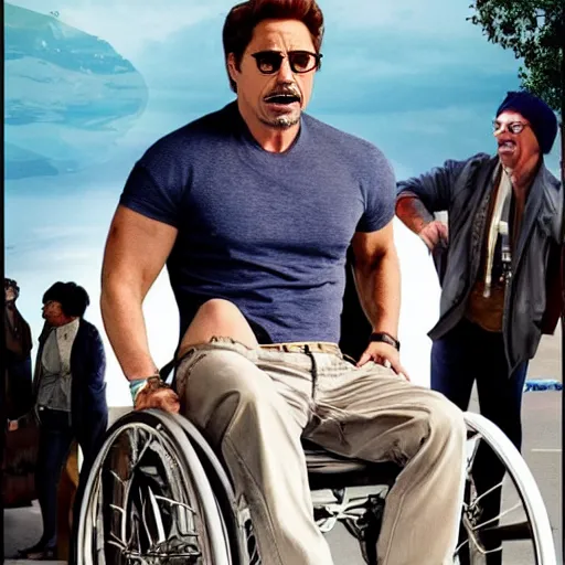 Prompt: robert downey jr. starring in weekend at bernie's. movie poster. comedic. cinematic lighting. robert downey jr. in a wheelchair pushed by dwayne the rock johnson.