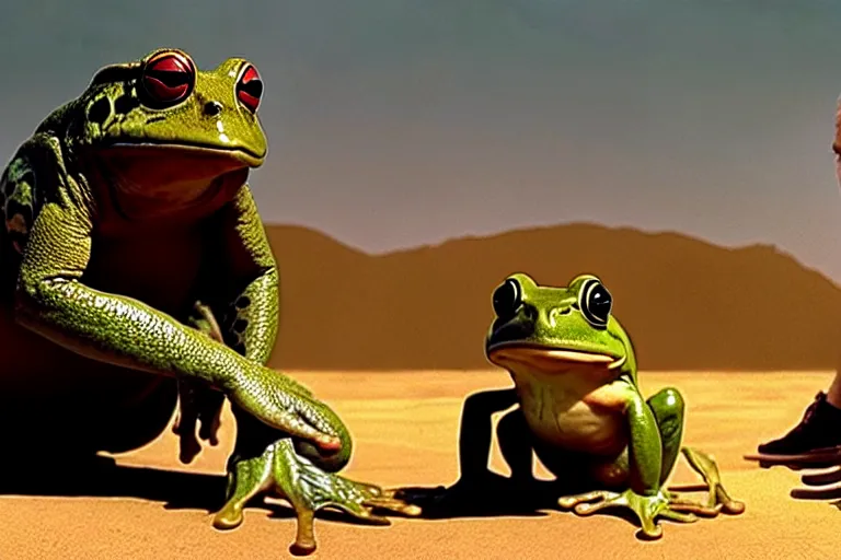 Prompt: a giant frog sitting with mike tyson in the desert, mike tyson with a toad, movie directed by martin scorsese and christopher nolan, masterpiece, 8 h