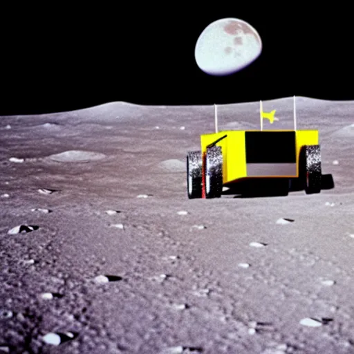 Image similar to usain bolt racing on the moon, lunar lander in background, kodachrome film