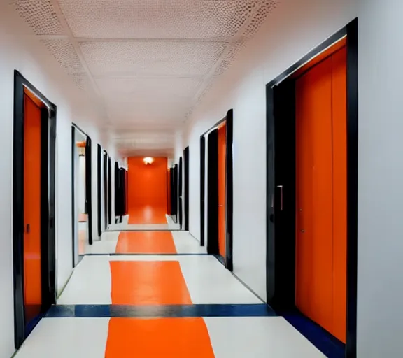 Prompt: fancy corridor with orange walls and white tile floor. black bench on the left. tv hanging in the right upper corner. end of the corridor is dark and hard to see.