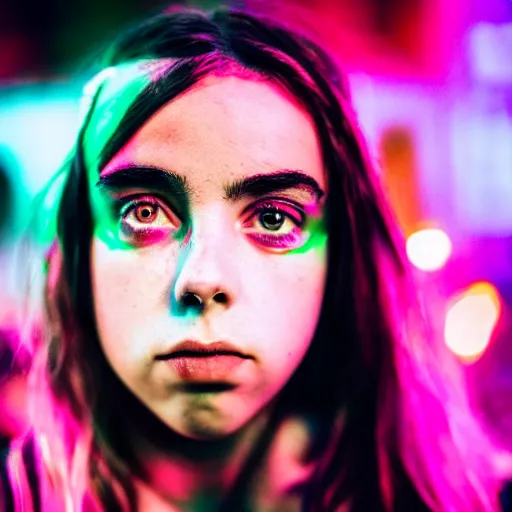 Image similar to billie eilish girl in the street, explosion of neon lights, close up, 5 0 mm lens, model photography detailed realistic