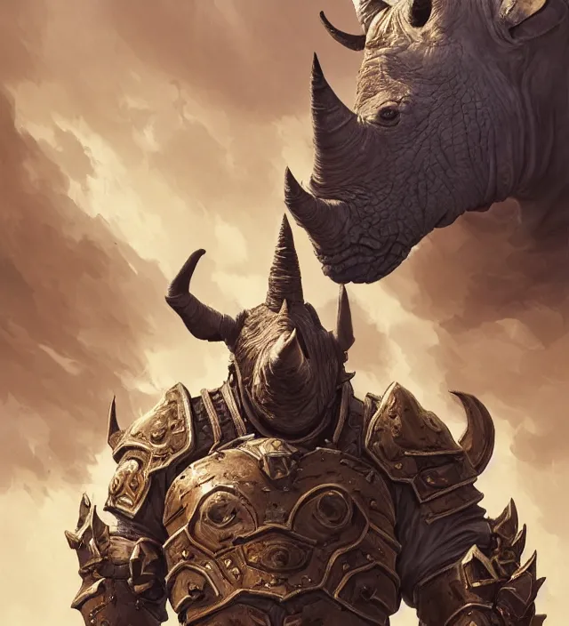 Image similar to “a well rendered anthropomorphic rhinoceros portrait, world of Warcraft armor, subject in the center of the frame, rule of thirds, golden ratio, cyberpunk, elegant, digital painting, octane 4k render, zbrush, hyperrealistic, artstation, concept art, smooth, sharp focus, illustration from DnD by Ruan Jia and Mandy Jurgens and Artgerm and William-Adolphe Bouguerea”