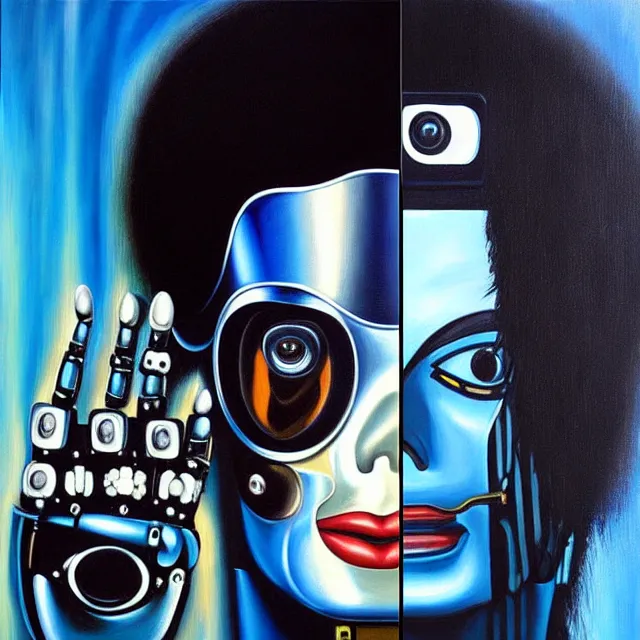 Image similar to a beautiful painting cyberpunk robot michael jackson face, by salvador dali realistic oil painting