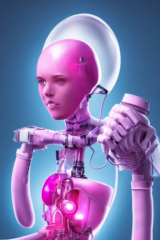 Image similar to Pink Vapor Inhalation Cyborg in a Medical Laboratory Connected to a Spherical Bottle of Pink Liquid by a Tube, Pink Vapor Leaking from an Oxygen Mask, fantasy, magic, ultra detailed, digital art, trending on artstation, illustration, robotic, mechanical