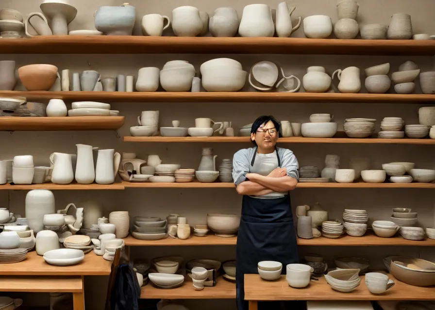 Image similar to an interior room with shelves stacked with ceramics and a person wearing an apron behind a potter's wheel, makoto shinkai, dusty