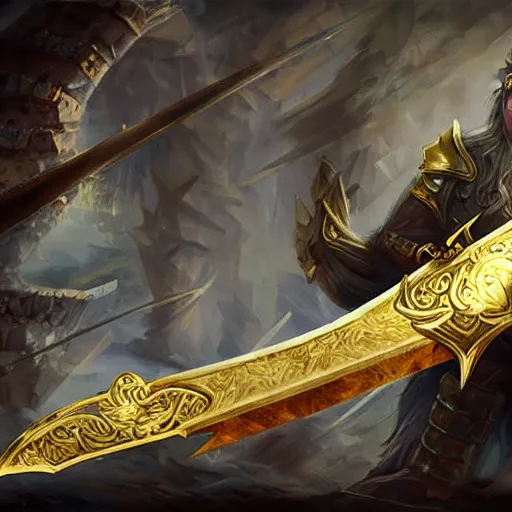 Image similar to a giant golden sword, a broad blade sword weapon, epic fantasy style art, fantasy epic digital art, epic fantasy card game art