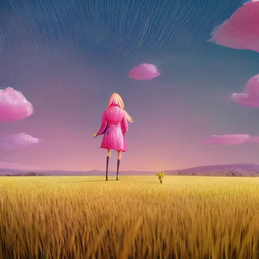 Image similar to giant pink daisy flower head, girl walking in wheat field, hills, surreal photography, dark night, star trails, dramatic light, impressionist painting, clouds, digital painting, artstation, simon stalenhag