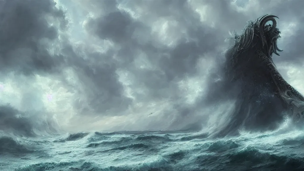 Prompt: a fantasy book landscape with massive big giant kraken in the background, small boat a stormy sea, giant waves, lightning in the background, soft digital painting, highly detailed, artstation, sharp focus, illustration, concept art, ruan jia, oil painting, 4 k