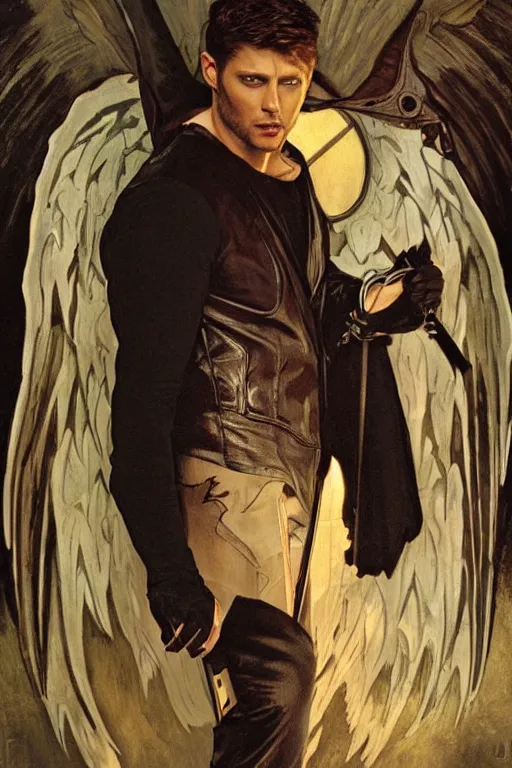 Prompt: a detailed matte portrait of an jensen ackles dressed as the vampire angel from buffy the vampire slayer, masterpiece, 8 k, art by alphonse mucha and greg rutkowski