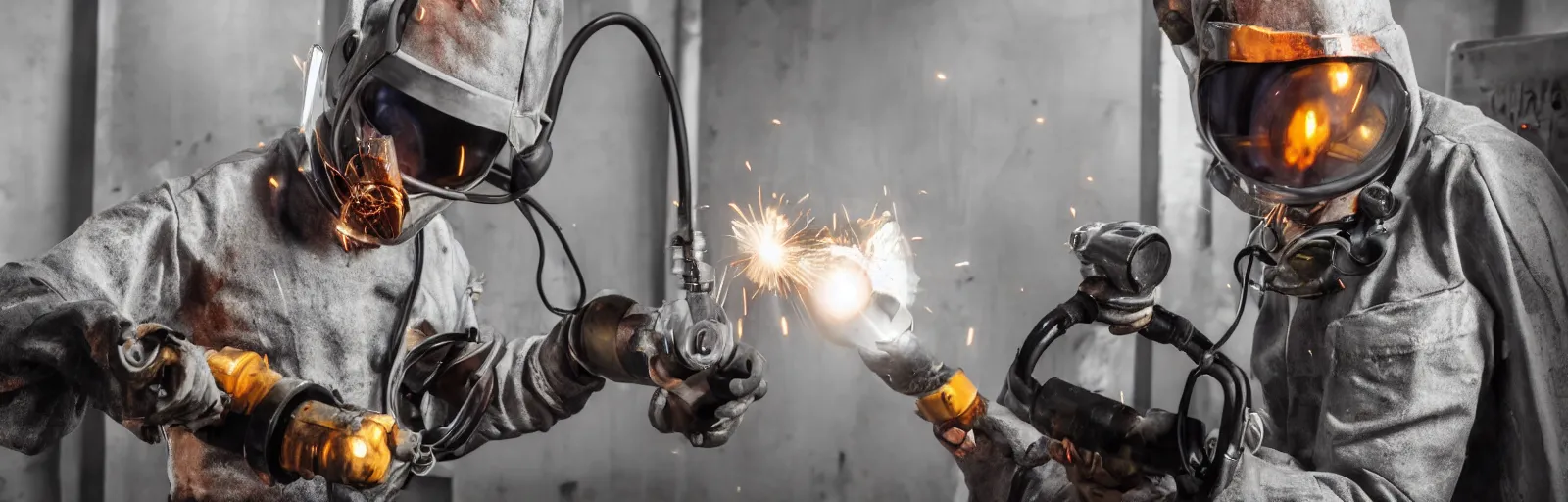 Prompt: closeup shot of doctor with an angry face holding a a round metallic grenade next to an obvious oxygen tank, like one use for welding