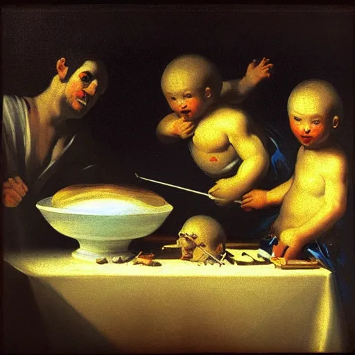 Image similar to goya painting of saturn eating his son represented with robots, ray tracing, master shot, octane render, 8k, ultra hd, perfect light