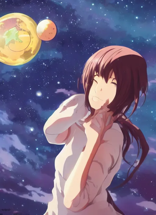 Image similar to a gigantic anime girl in outer space holding a planet in her hand. Anime, Makoto Shinkai, trending on ArtStation, digital art.