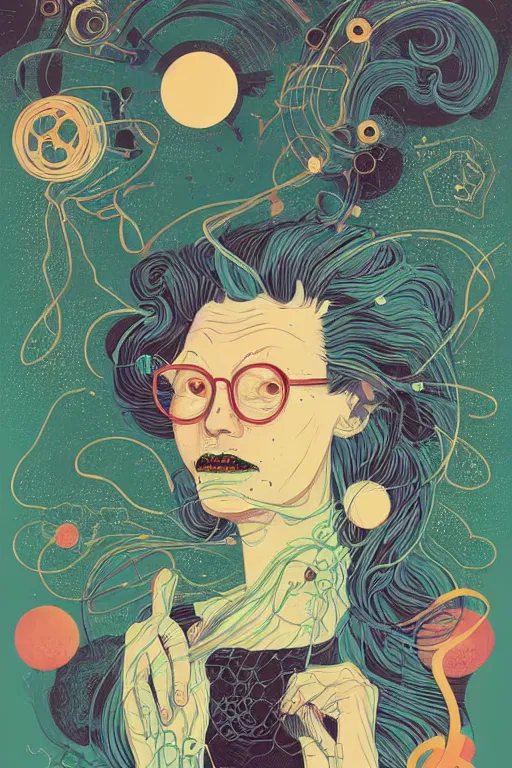 Image similar to portrait of mad lady scientist, stylized illustration by victo ngai, colorful comics style,