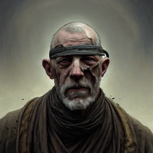 Image similar to portrait painting of a post - apocalyptic older american man blindfolded and wearing ruined monk garbs, ultra realistic, concept art, intricate details, eerie, highly detailed, photorealistic, octane render, 8 k, unreal engine. art by artgerm and greg rutkowski and charlie bowater and magali villeneuve and alphonse mucha