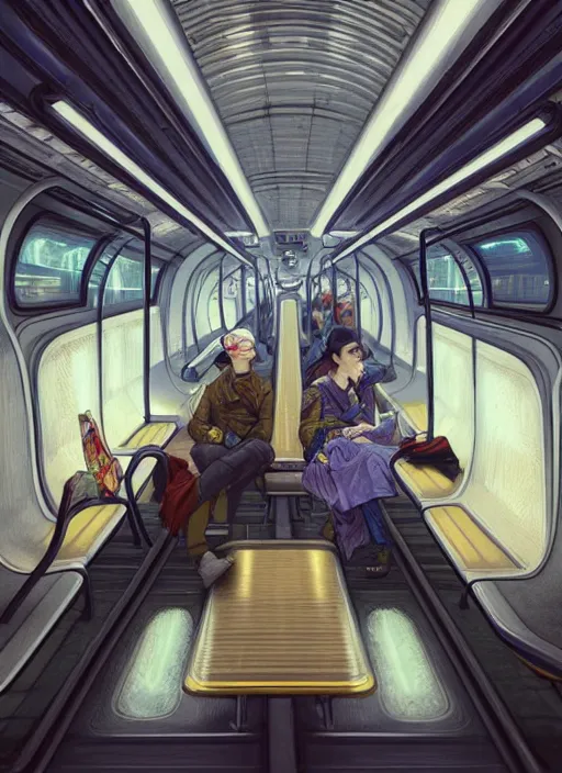 Image similar to perfectly - centered - drawing of empty subway train, intricate, highly detailed, digital painting, artstation, concept art, smooth, sharp focus, illustration, unreal engine 5, 8 k, art by artgerm and greg rutkowski and alphonse mucha