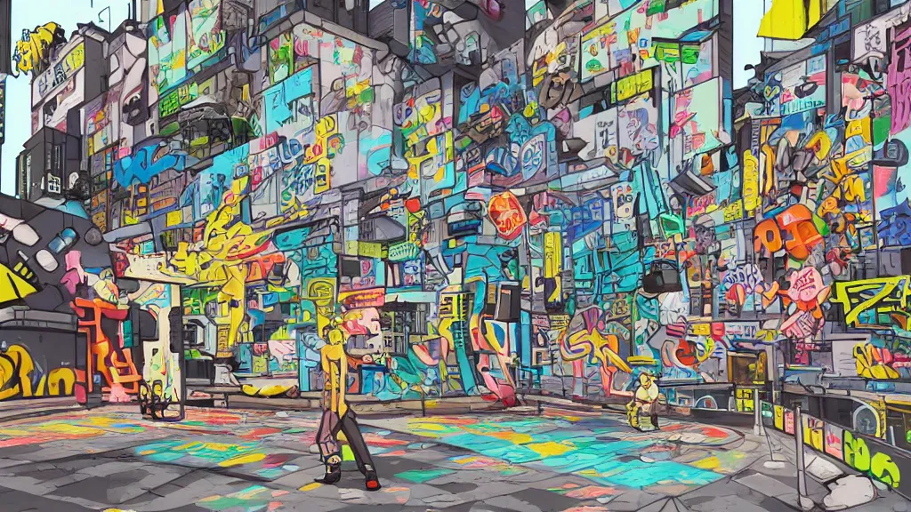 Prompt: y2k platform game, daytime, tokyo, robot, graffiti, city, cel shaded, jet set radio