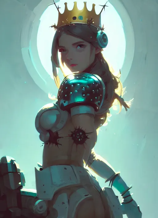 Image similar to portrait of cute maiden girl with crown of thorns in cyber armor, warhammer, cyberpunk, by atey ghailan, by greg rutkowski, by greg tocchini, by james gilleard, by joe fenton, by kaethe butcher, dynamic lighting, gradient light blue, brown, blonde cream and white color in scheme, grunge aesthetic