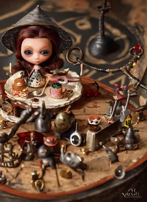 Prompt: closeup of a tin toy medieval witch eating cakes, depth of field, zeiss lens, detailed, symmetrical, centered, fashion photoshoot, by nicoletta ceccoli, mark ryden, lostfish, earl nore, hyung tae, frank frazetta, breathtaking, 8 k resolution, extremely detailed, beautiful, establishing shot, artistic, hyperrealistic, octane render