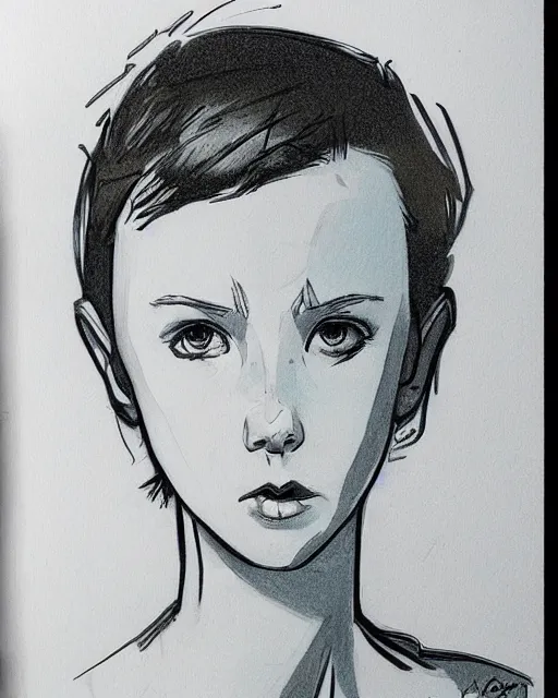 Image similar to pen sketch of worried millie bobby brown with short hair by yoji shinkawa