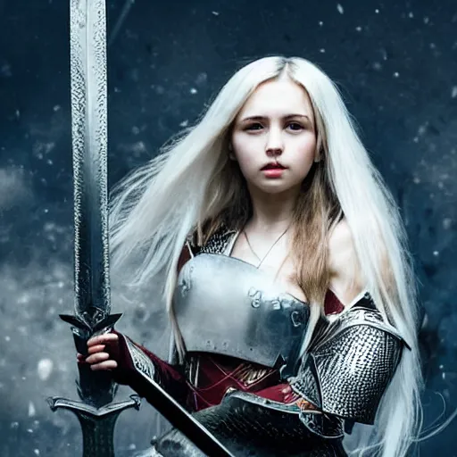 Image similar to beautiful girl with white long hair, wearing epic armor holding an edgy sword ready to fight a deadly monster giant